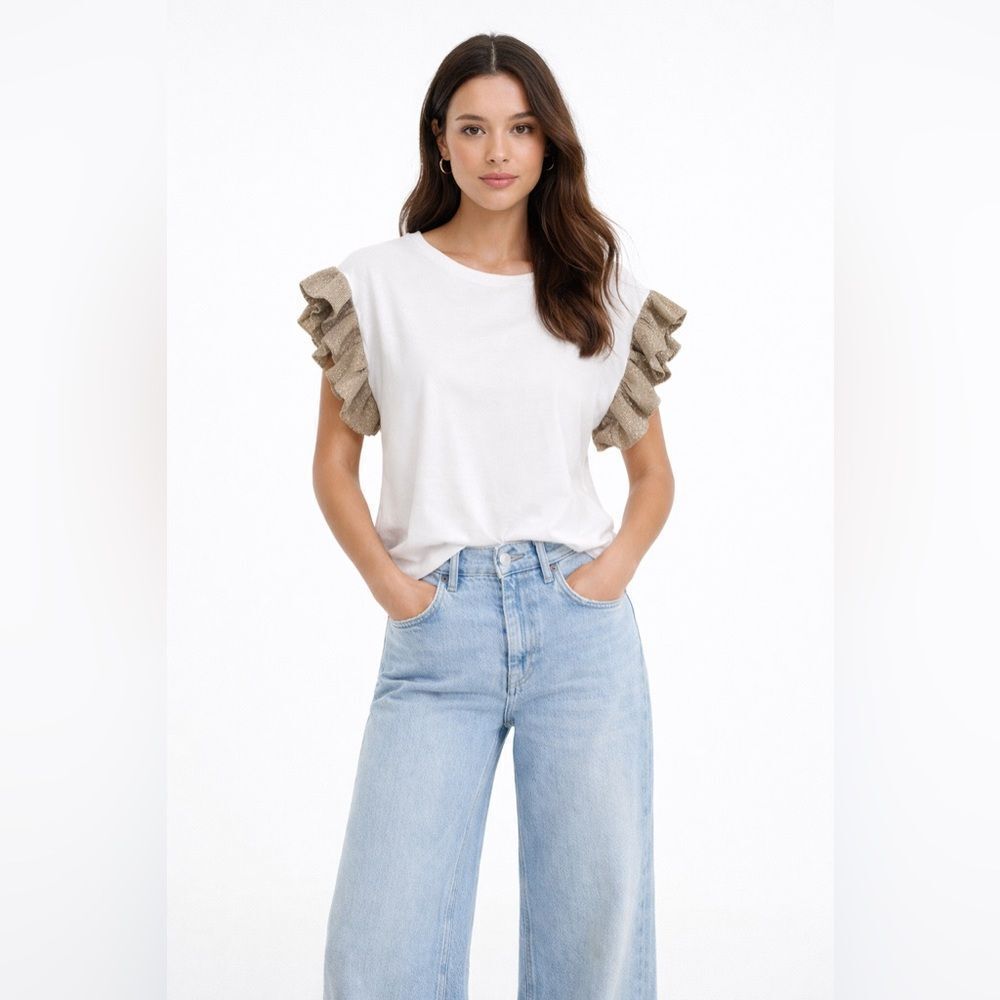 NWT Zara White Top with Gold Metallic Ruffle Sleeves